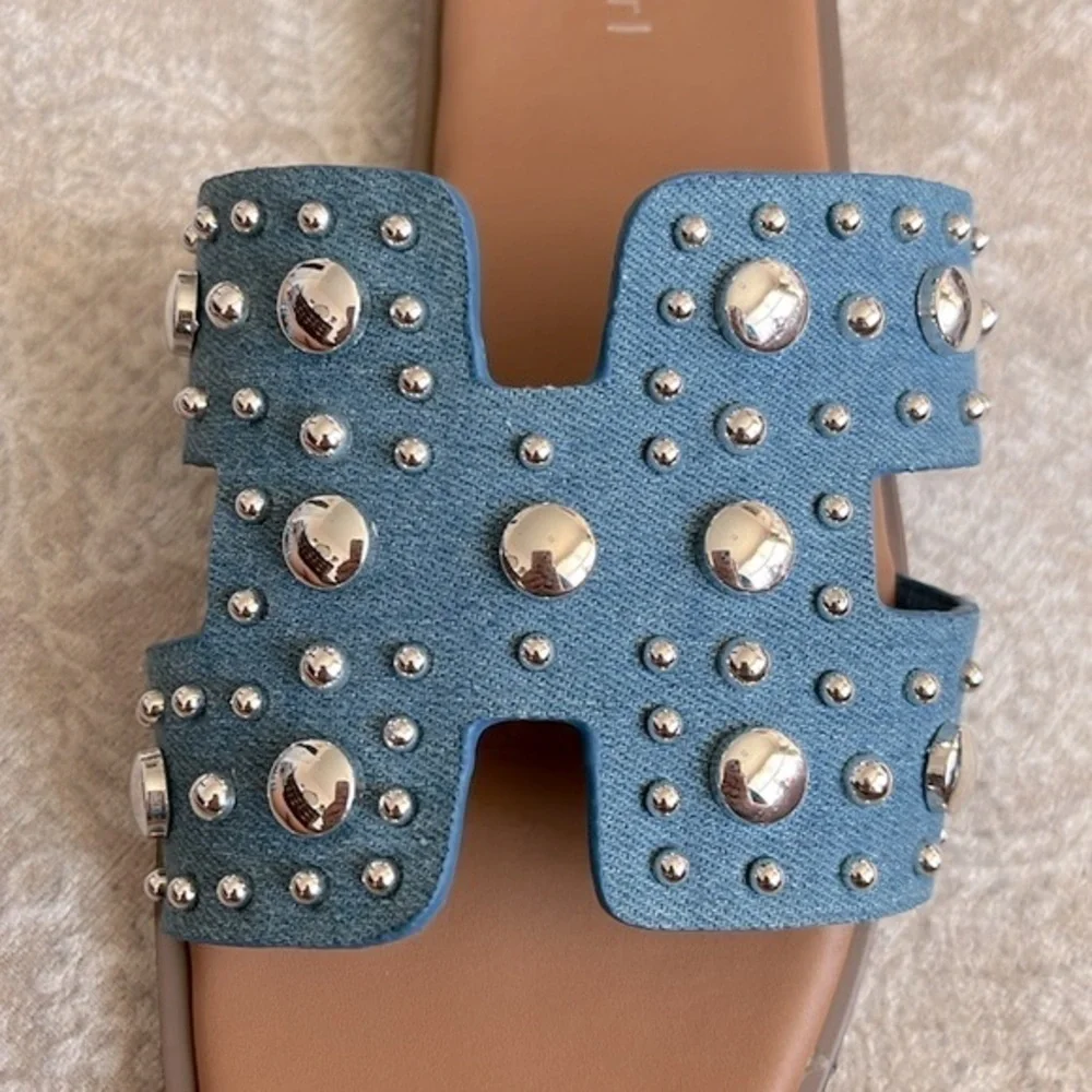 Brand New Madden Girl Denim Blue Silver Tone Metal Studded H-Band Slides Sandals